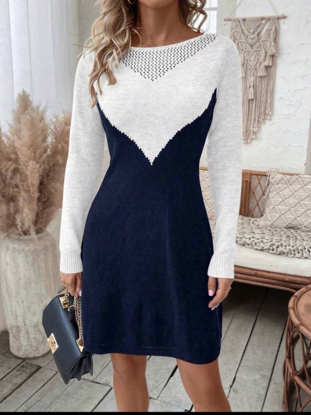Knit Two-Tone Navy and White Midi Dress
